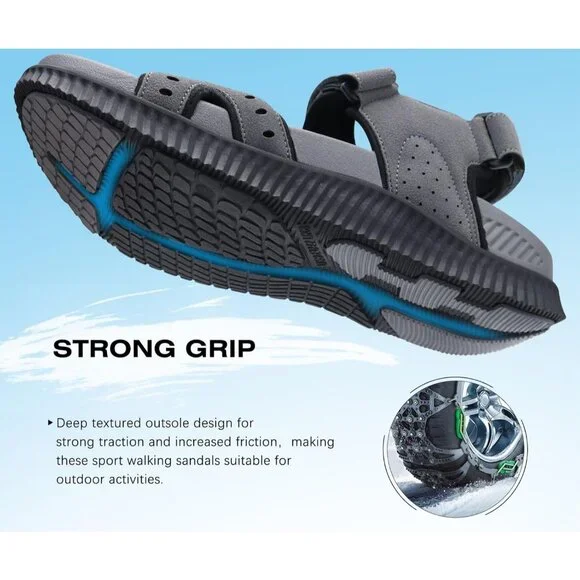 Casual Hiking Sandals Men's Gray Athletic Cushioned Walking Fisherman Shoes - Picture 4 of 9